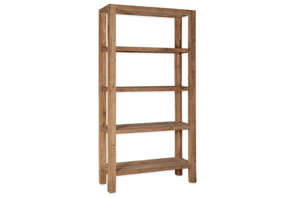 The nkuku Ibo Reclaimed Wood Shelf - Natural - Wide is a tall, rectangular bookshelf with four shelves, sturdy legs, and a minimalist design that highlights the wood grain for rustic, timeless appeal. Photographed on white.