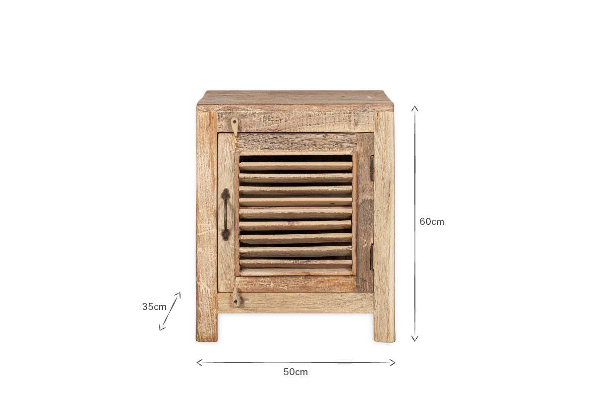 The nkuku Ibo Reclaimed Wooden Slatted Cabinet – Natural - Small features a single slatted door, black metal handle, and four short legs. Handcrafted in India, it measures 60cm high, 50cm wide, and 35cm deep against a plain white background.
