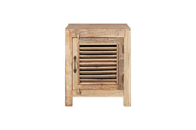 The nkuku Ibo Reclaimed Wooden Slatted Cabinet – Natural - Small features a single slatted door, distressed light wood with visible grain and knots, a square design, and a metal latch, showcasing Indian artisan craftsmanship.