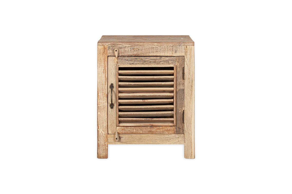 The nkuku Ibo Reclaimed Wooden Slatted Cabinet – Natural - Small features a single slatted door, distressed light wood with visible grain and knots, a square design, and a metal latch, showcasing Indian artisan craftsmanship.