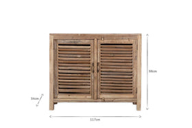 The nkuku Ibo Reclaimed Wooden Slatted Sideboard – Natural features two louvered doors and a rustic finish. Visible wood grain highlights its reclaimed charm. Dimensions: 117cm (W) x 98cm (H) x 34cm (D), shown with labeled arrow lines.