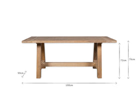 The nkuku Indali Mango Wood Dining Table - Natural features a simple, sturdy rectangular design. Sized 180 x 90 x 76 cm, it's a sustainable furniture piece. Arrows and numbers in the image show its dimensions.