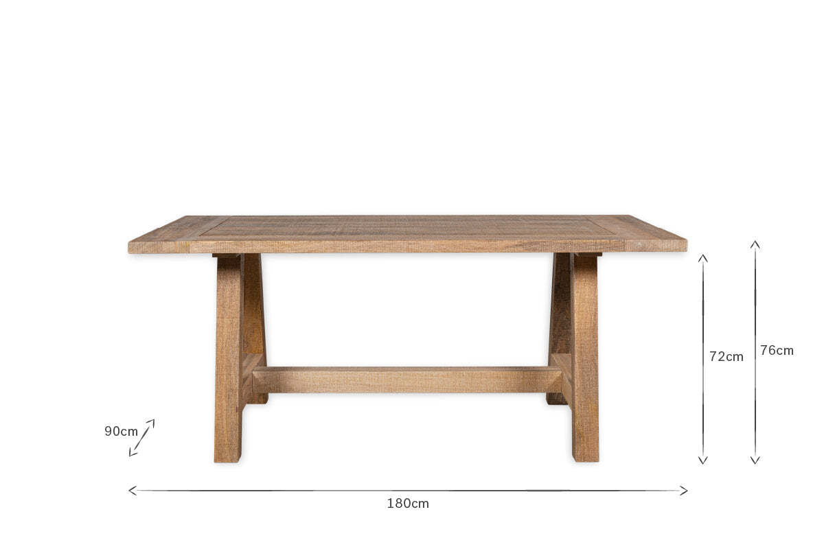 The nkuku Indali Mango Wood Dining Table - Natural features a simple, sturdy rectangular design. Sized 180 x 90 x 76 cm, it's a sustainable furniture piece. Arrows and numbers in the image show its dimensions.