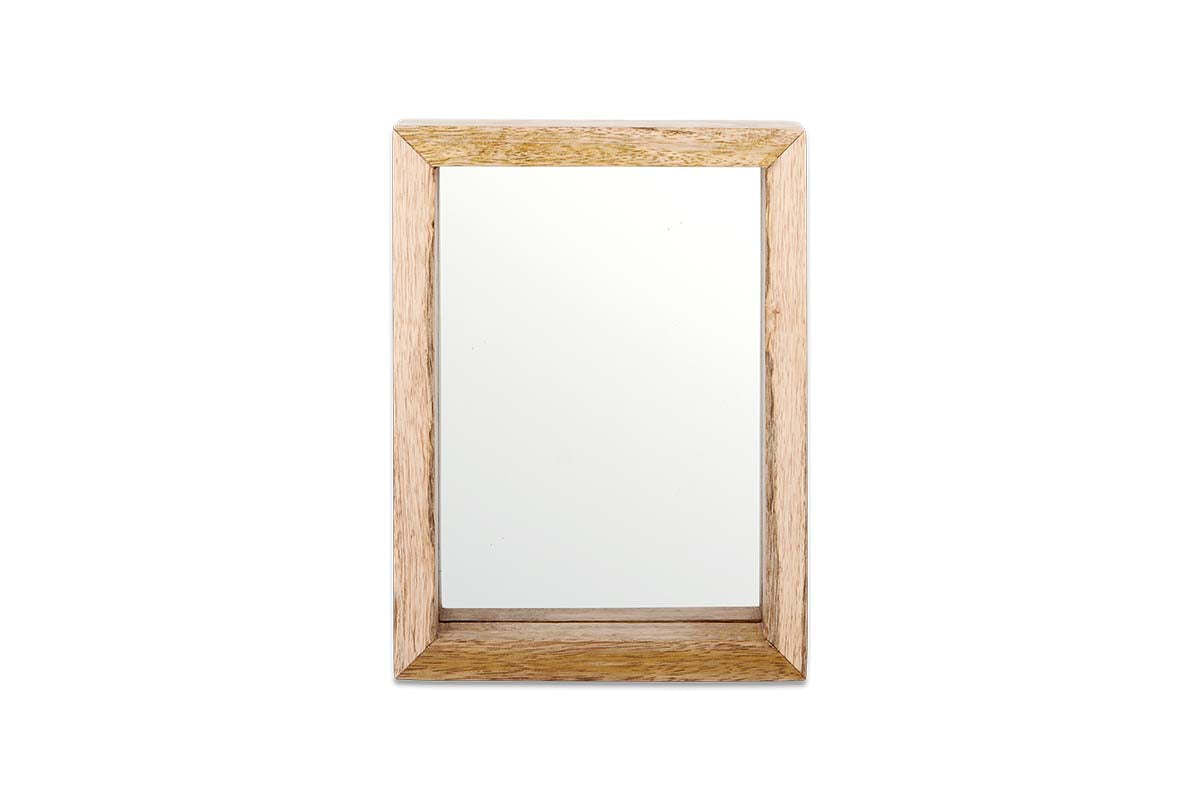 The Indu Standing Mango Wood Frame - Natural by nkuku features a rectangular design with a natural mango wood finish that showcases the grain. Its clean mirror surface beautifully complements the sustainable frame against a plain white background.