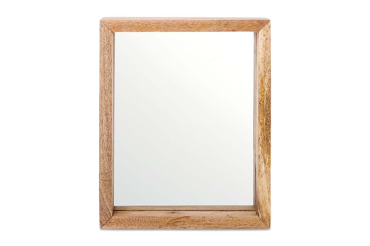 The Indu Standing Mango Wood Frame - Natural by nkuku features a square mirror with a wide, light brown mango wood frame. Sustainably crafted, its rich natural grain and elegant design stand out against the plain white background.