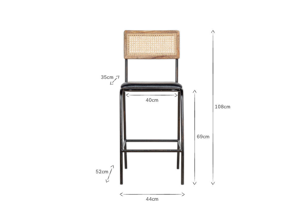 Iswa Leather & Cane Counter Chair - Aged Black