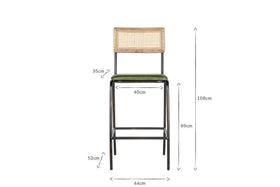 Front view of the Iswa Leather & Cane Counter Chair by nkuku, showcasing a woven cane back, rich green leather seat, and black metal frame. Dimensions: 108cm H, 44cm W, 40cm seat W, 35cm backrest H, 69cm seat H, 52cm leg H.