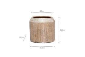 The Kubo Ceramic Planter by nkuku in terracotta is round with a ridged texture. It measures 23cm wide at the top, 24.1cm high, 25.6cm wide at the base, and 25.7cm deep, shown against a white background with dimension arrows and labels.