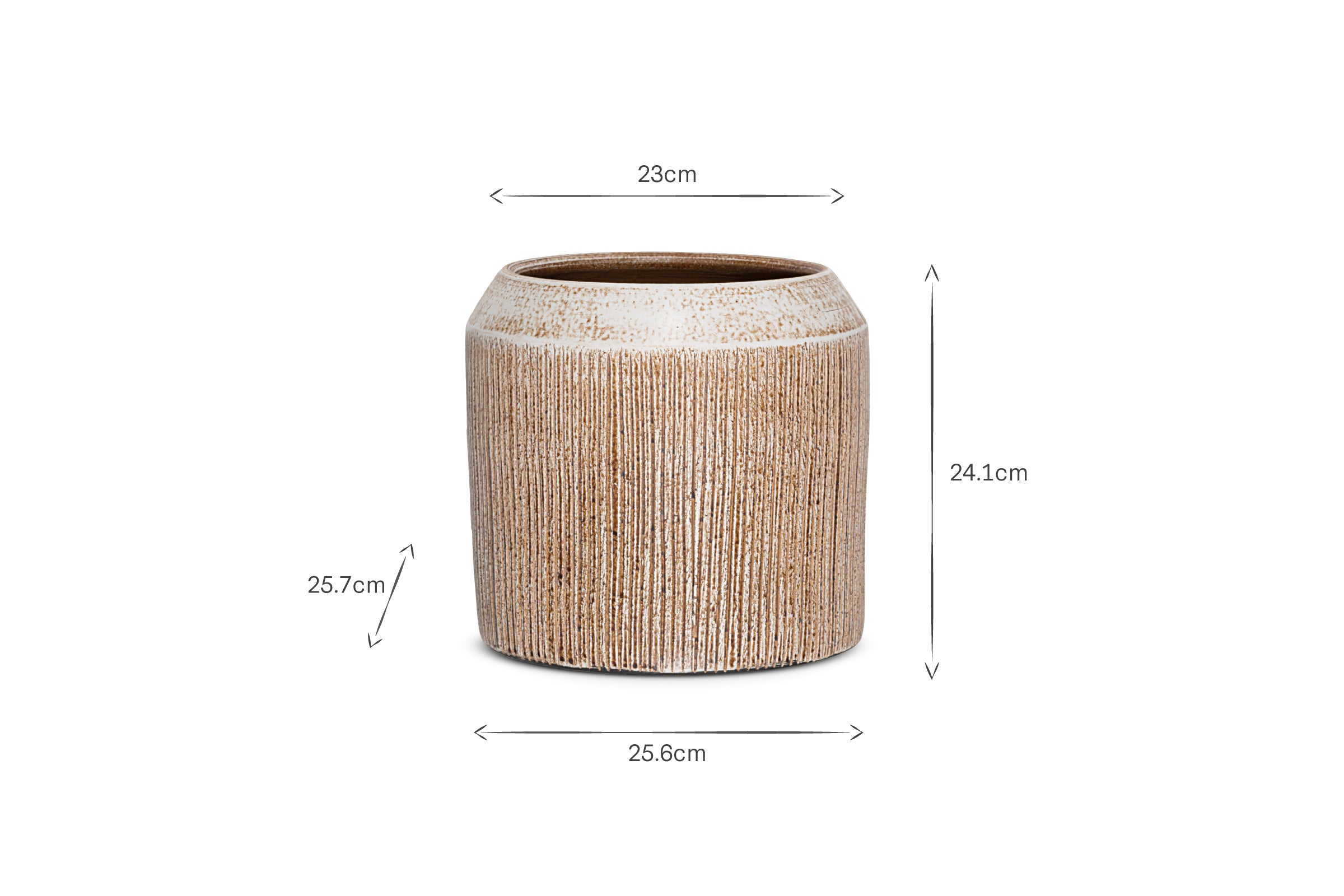 The Kubo Ceramic Planter by nkuku in terracotta is round with a ridged texture. It measures 23cm wide at the top, 24.1cm high, 25.6cm wide at the base, and 25.7cm deep, shown against a white background with dimension arrows and labels.