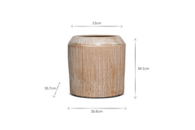 The Kubo Ceramic Planter by nkuku is a light brown, ribbed terracotta planter with a wide base, slightly tapered top, and 15cm opening. It measures 35.6cm wide by 34.1cm tall, shown with black measurement lines on a white background.