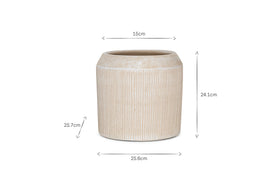 The Kubo Ceramic Planter - Cream by nkuku is a beige, cylindrical planter with subtle vertical grooves, measuring 25.6 cm in diameter, 24.1 cm in height, and a 15 cm top opening, with arrows and measurements shown in the image.