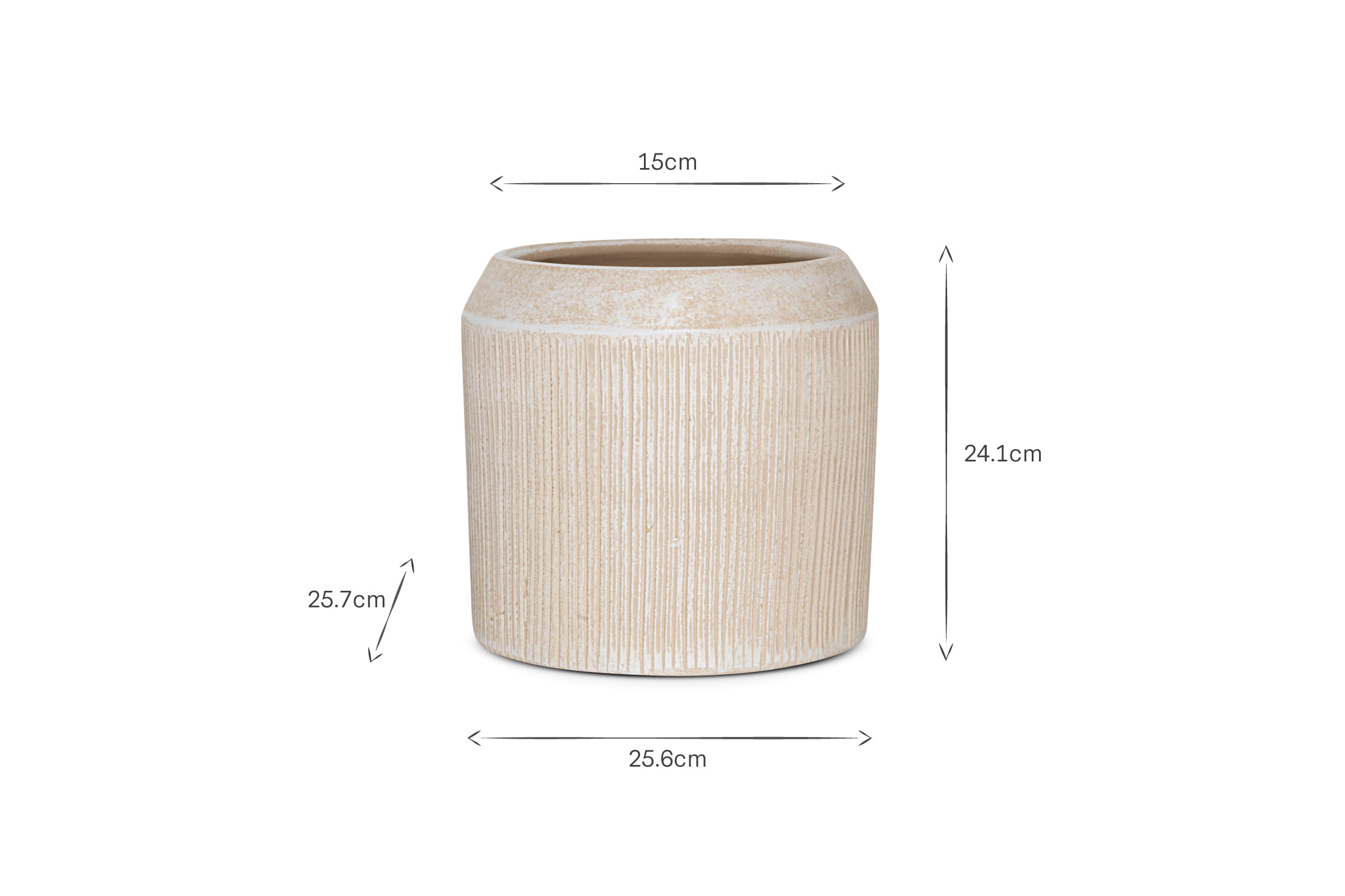 The Kubo Ceramic Planter - Cream by nkuku is a beige, cylindrical planter with subtle vertical grooves, measuring 25.6 cm in diameter, 24.1 cm in height, and a 15 cm top opening, with arrows and measurements shown in the image.