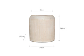 The nkuku Kubo Ceramic Planter in cream is a white, cylinder-shaped vase with measurements.