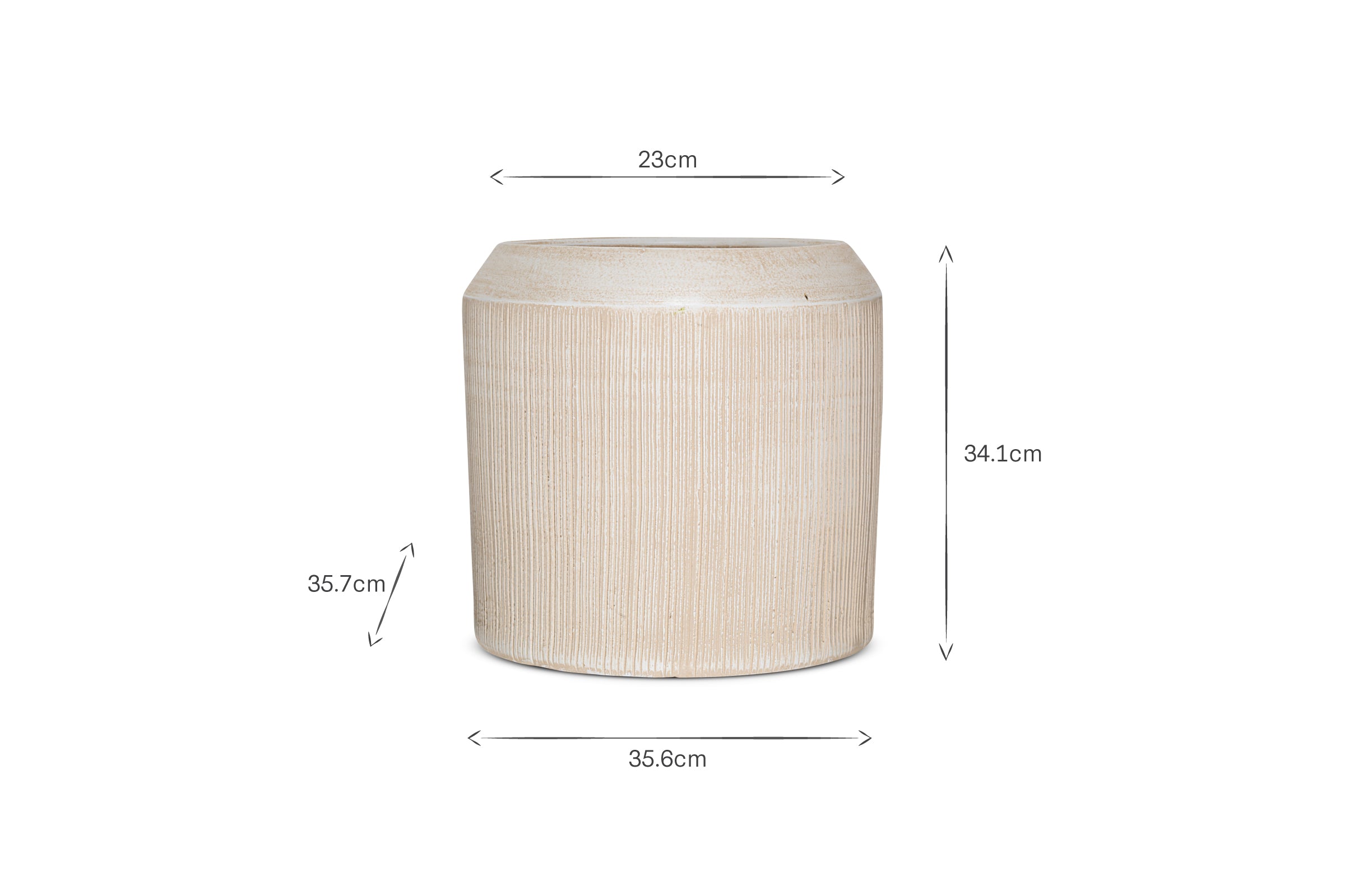 The nkuku Kubo Ceramic Planter in cream is a white, cylinder-shaped vase with measurements.