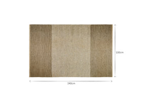 The nkuku Kufri Jute Rug features three vertical color blocks in soft blue and brown tones, with a lighter center. It measures 240 cm wide by 150 cm high, as shown by labeled arrows along the edges.