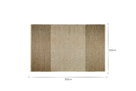 The nkuku Kufri Jute Rug features three vertical stripes—soft blue, beige, and rich brown—and measures 300 cm by 200 cm.