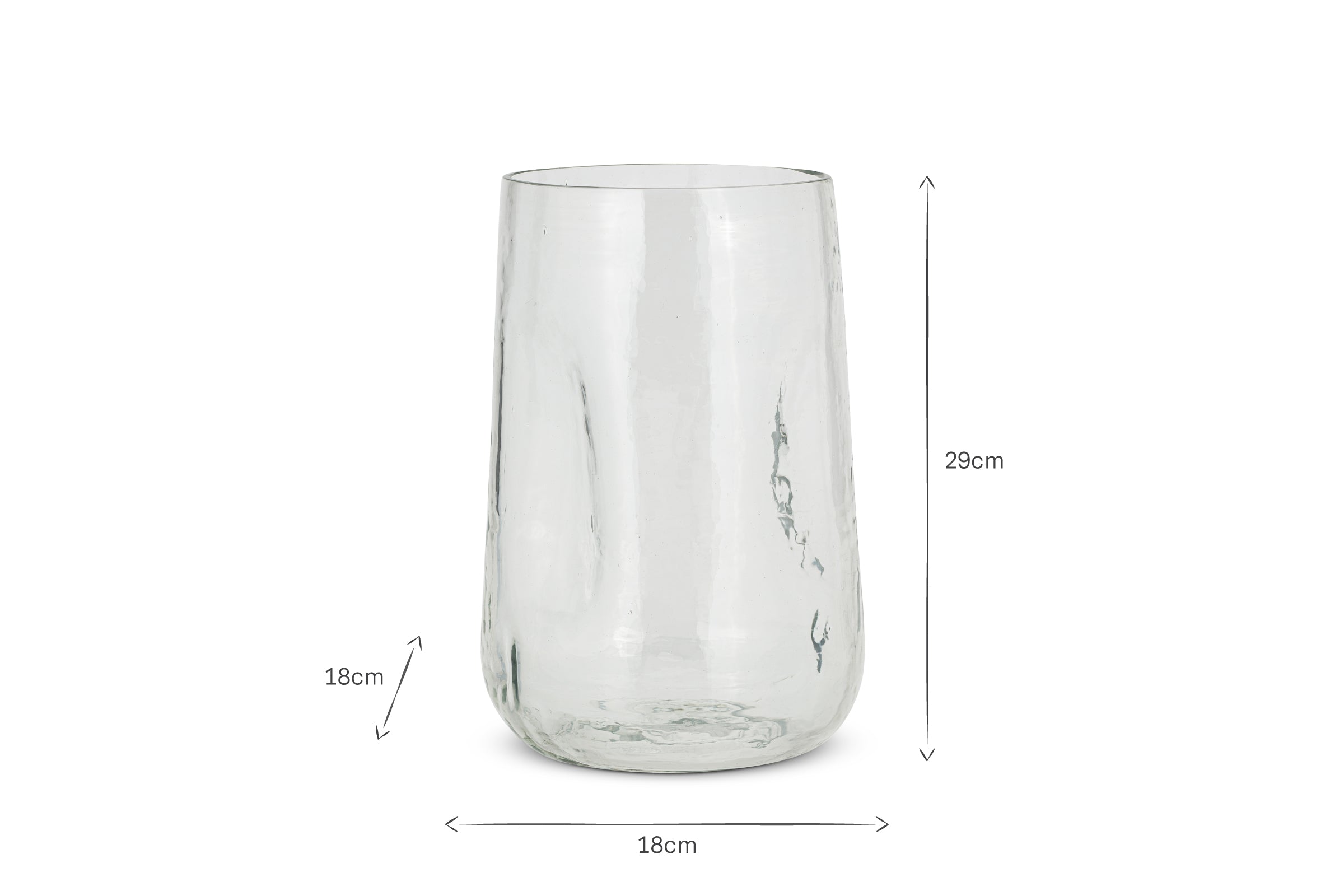 The Kotri Recycled Glass Organic Shape Vase by nkuku is a clear, cylindrical vase with subtle vertical ripples, standing upright on a white background. It measures 29 cm in height and 18 cm in width, with arrows indicating its dimensions.