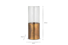 The Khila Metal & Glass Vase by nkuku features a clear glass top and an antique brass base (14cm x 14cm). The vase stands 37cm tall and is pictured on a white background with arrows and measurements.