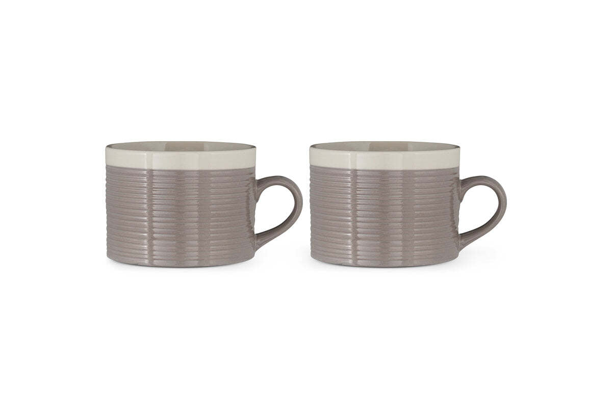 The Kai Mugs - Grey (Set of 2) by nkuku feature contemporary ribbed detail, cream interiors, small loop handles, and a stylish two-tone finish—perfect for modern coffee moments.