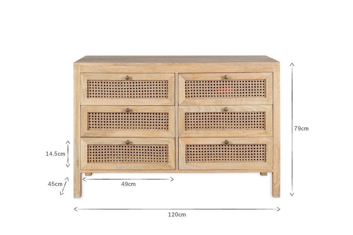 The Kanz Mango Wood Chest Of Drawers by nkuku features six spacious drawers in two columns, each with woven rattan cane panels and round knobs. Made of light mango wood. Size: 120cm W x 79cm H x 45cm D; drawers: 49cm x 14.5cm.