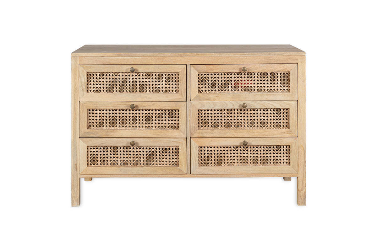 The nkuku Kanz Mango Wood Chest Of Drawers - Natural features six compartments, woven cane-front drawers, and round brass knobs. Made from light solid mango wood, it is shown against a white background.