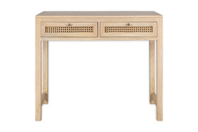 The nkuku Kanz Mango Wood Writing Desk features a natural finish, two front woven cane drawers with round knobs, simple straight legs, and a flat surface for a minimalist, modern look.