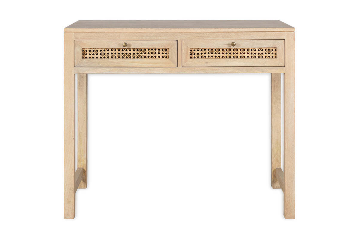 The nkuku Kanz Mango Wood Writing Desk features a natural finish, two front woven cane drawers with round knobs, simple straight legs, and a flat surface for a minimalist, modern look.