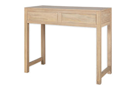 The Kanz Mango Wood Writing Desk by nkuku features a simple, modern design with clean lines, two rectangular front panels, straight legs, and a light natural finish. This handle-free home office desk sits beautifully against a white background.
