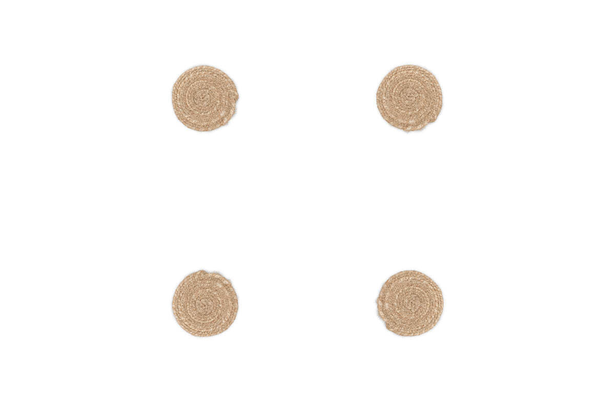 The Keso Woven Coasters by nkuku (Set of 4) in natural banana fibre are arranged in a neat square on a white background—perfect minimalist table decor.