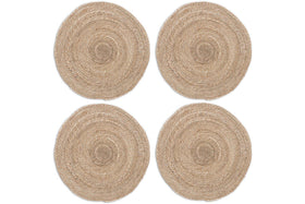 The nkuku Keso Woven Placemats - Natural (Set of 4) are round, feature a spiral pattern in natural tan fibers, and are shown in a 2x2 grid on a white background. Ideal for minimalist table decor.