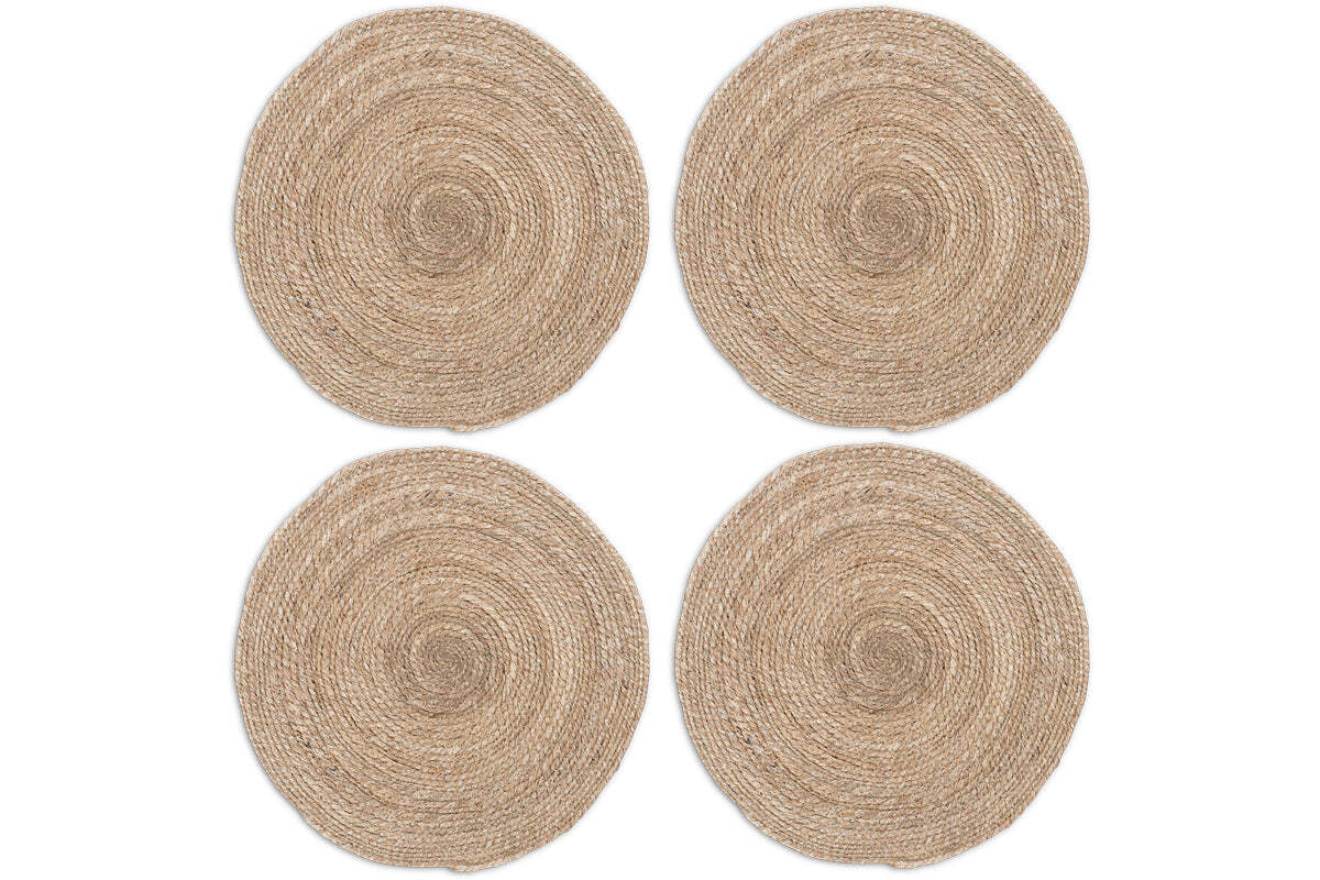 The nkuku Keso Woven Placemats - Natural (Set of 4) are round, feature a spiral pattern in natural tan fibers, and are shown in a 2x2 grid on a white background. Ideal for minimalist table decor.