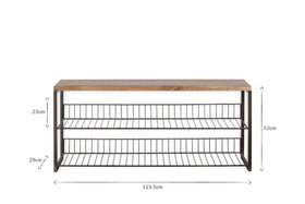The nkuku Kiyoma Iron & Wood Low Standing Shelves - Natural feature a mango wood top, black metal frame, and two wire shelves (top: 23 cm high, bottom: 29 cm high). Overall dimensions: 52 cm H x 119.5 cm W. Shown on a white background.