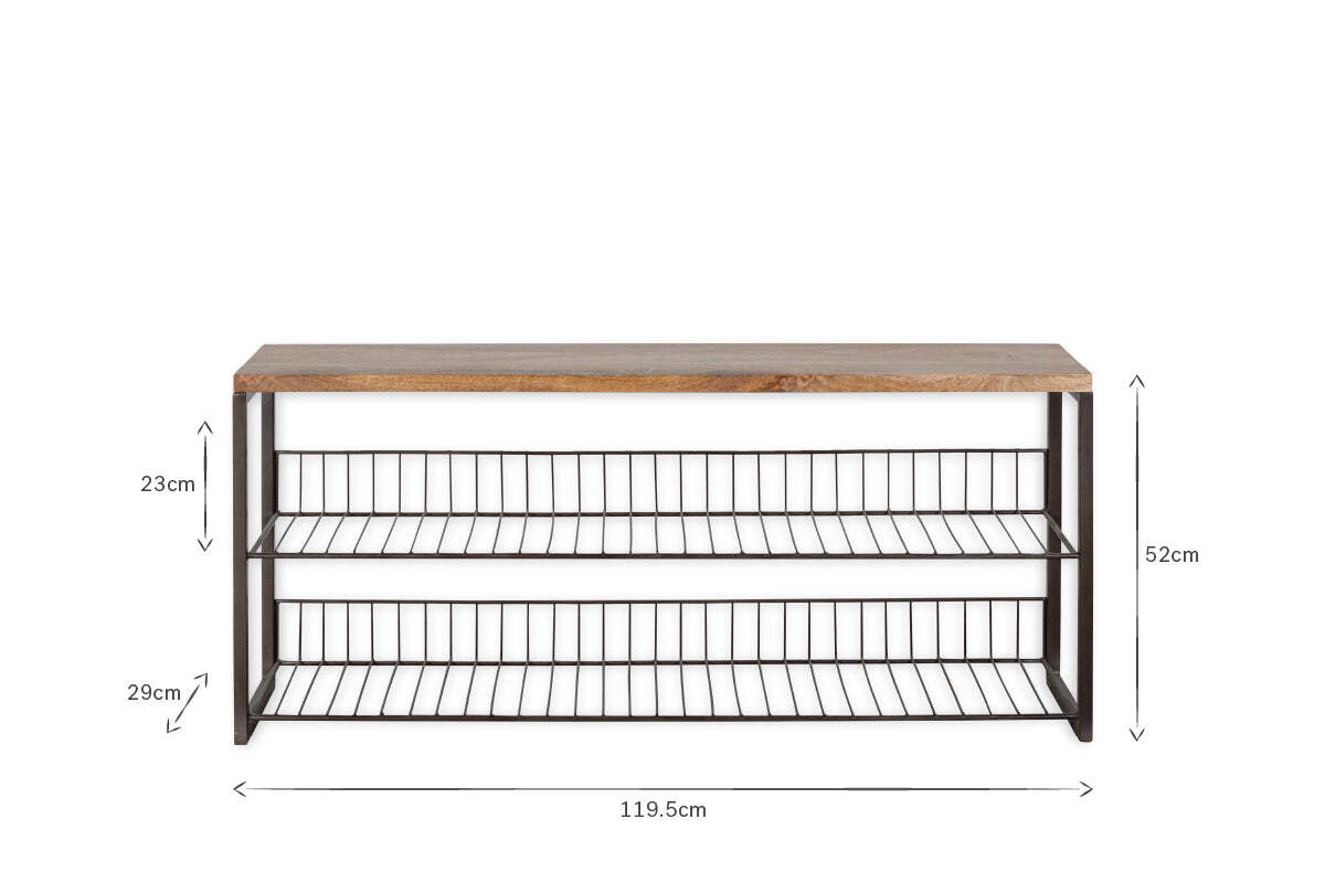 The nkuku Kiyoma Iron & Wood Low Standing Shelves - Natural feature a mango wood top, black metal frame, and two wire shelves (top: 23 cm high, bottom: 29 cm high). Overall dimensions: 52 cm H x 119.5 cm W. Shown on a white background.