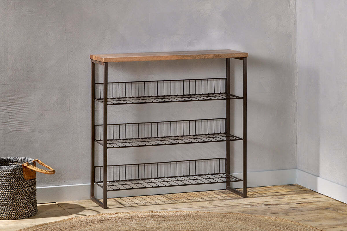 View of Kiyoma Iron & Wood Tall Standing Shelves - Natural