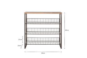 The Kiyoma Iron & Wood Tall Standing Shelves - Natural by nkuku is a four-tier unit with a wooden top, standing 88 cm tall and 90 cm wide. It features an industrial look with wire frame shelves—three at 25 cm high, one at 29 cm.