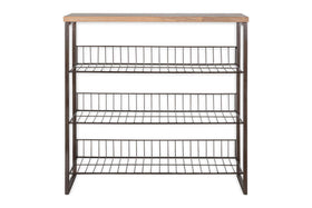 The nkuku Kiyoma Iron & Wood Tall Standing Shelves - Natural features a four-tier black metal frame with wire shelves and a light mango wood top, blending industrial style and practical storage for any room.