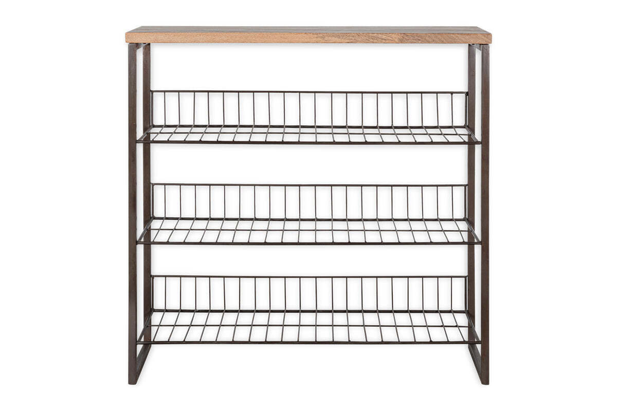 The nkuku Kiyoma Iron & Wood Tall Standing Shelves - Natural features a four-tier black metal frame with wire shelves and a light mango wood top, blending industrial style and practical storage for any room.
