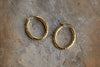 The Labani Earrings - Gold by nkuku, featuring a textured hoop design, are displayed on a gray stone surface, highlighting their timeless elegance.