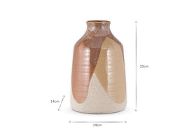 The nkuku Lucia Ceramic Vase - Terracotta Mix is 23cm tall with a glossy finish and abstract beige, tan, and brown shapes. It features a rounded body, narrow neck, 14cm base diameter, and 14cm maximum width.