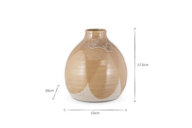 The nkuku Lucia Ceramic Vase - Terracotta Mix is a round, beige vase with a narrow opening, glossy finish, and textured white base. It measures 17.5 cm tall and 15 cm wide, with dimension arrows shown on the side (16 cm) and bottom.
