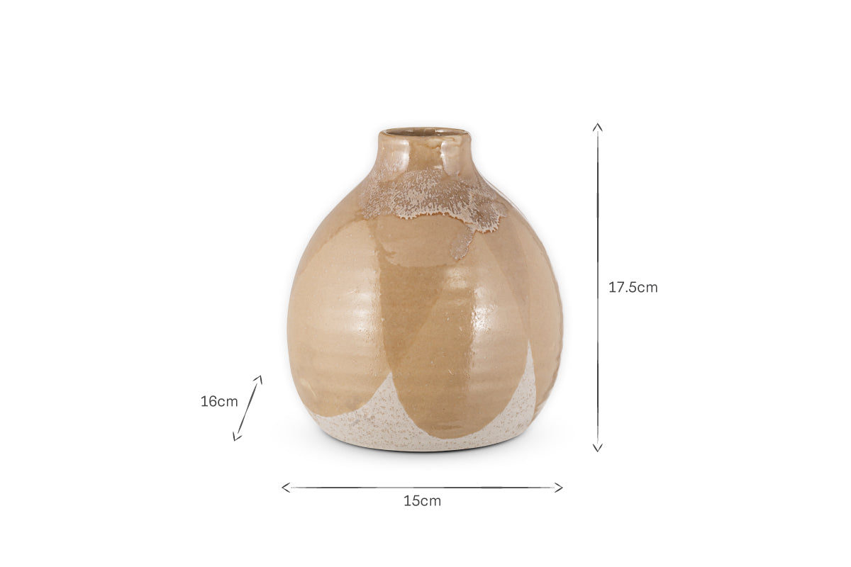 The nkuku Lucia Ceramic Vase - Terracotta Mix is a round, beige vase with a narrow opening, glossy finish, and textured white base. It measures 17.5 cm tall and 15 cm wide, with dimension arrows shown on the side (16 cm) and bottom.