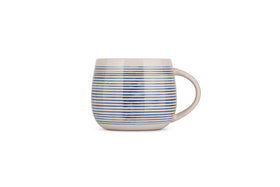 The Lin Oversized Mug by nkuku features a blue and white design with thin horizontal stripes, a light beige base, and an oversized rounded body with a single curved handle—ideal for enjoying cosy drinks.