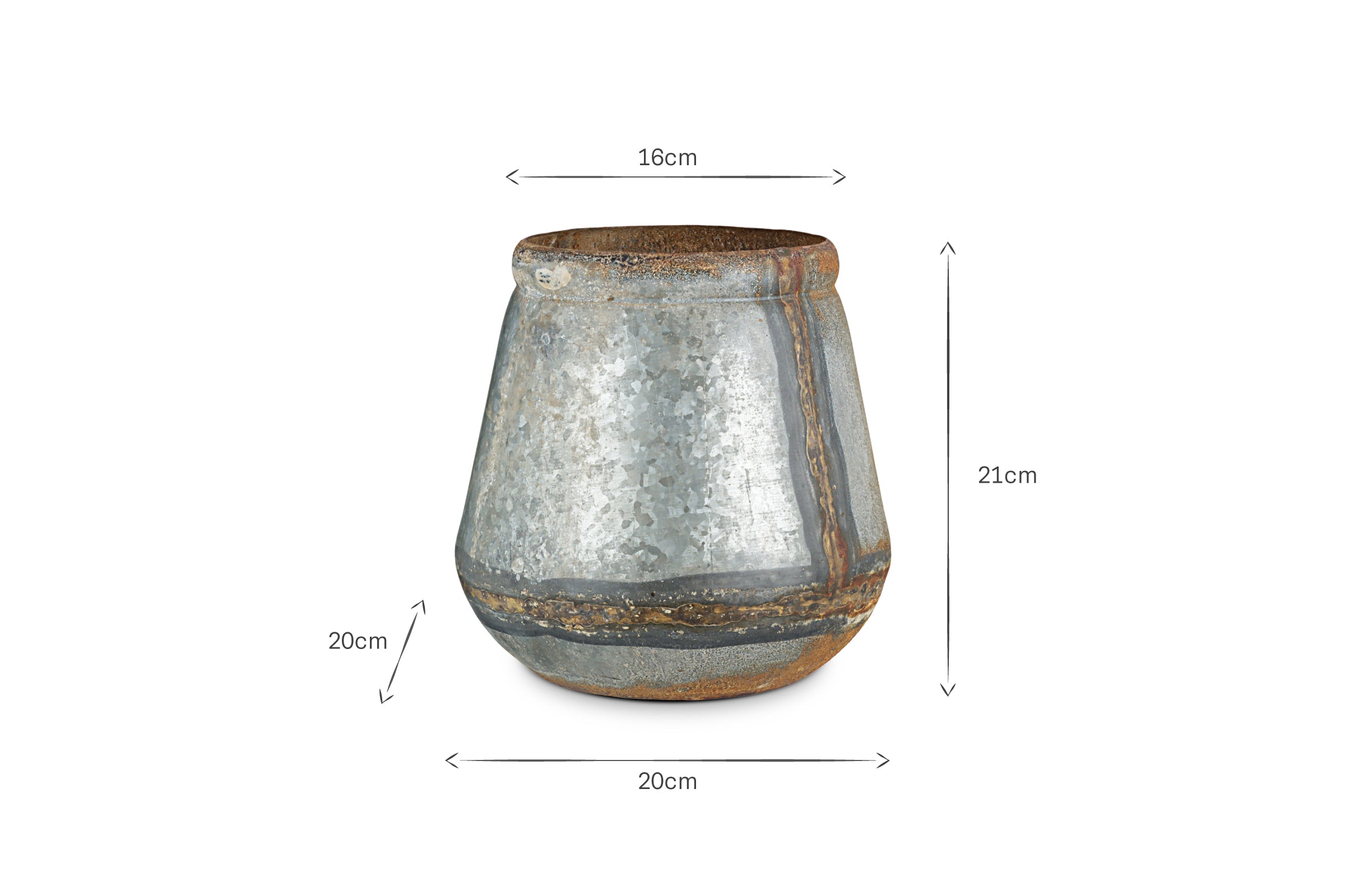 The nkuku Mamba Outdoor Planter - Aged Zinc is a rustic gray ceramic pot with a wide 20cm base, 16cm opening, and 21cm height. Its textured, weathered finish has brown accents on the rim and base, with measurements shown by arrows.