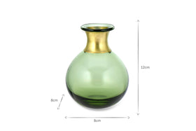The Miza Mini Glass Vase - Green by nkuku features a round green glass body with a brass ring at the neck. The vase stands 12 cm tall and is 8 cm wide, shown with measurement arrows on a white background.