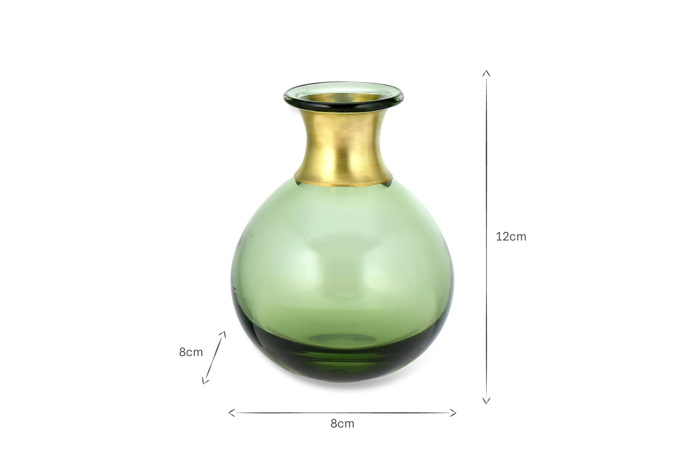 The Miza Mini Glass Vase - Green by nkuku features a round green glass body with a brass ring at the neck. The vase stands 12 cm tall and is 8 cm wide, shown with measurement arrows on a white background.