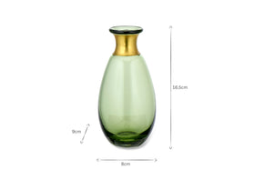 The nkuku Miza Mini Glass Vase - Green features a gold neck and decorative brass ring. Displayed on a white background, it measures 16.5cm tall, 8cm wide, and 9cm from base to shoulder, with measurement lines and labels for reference.