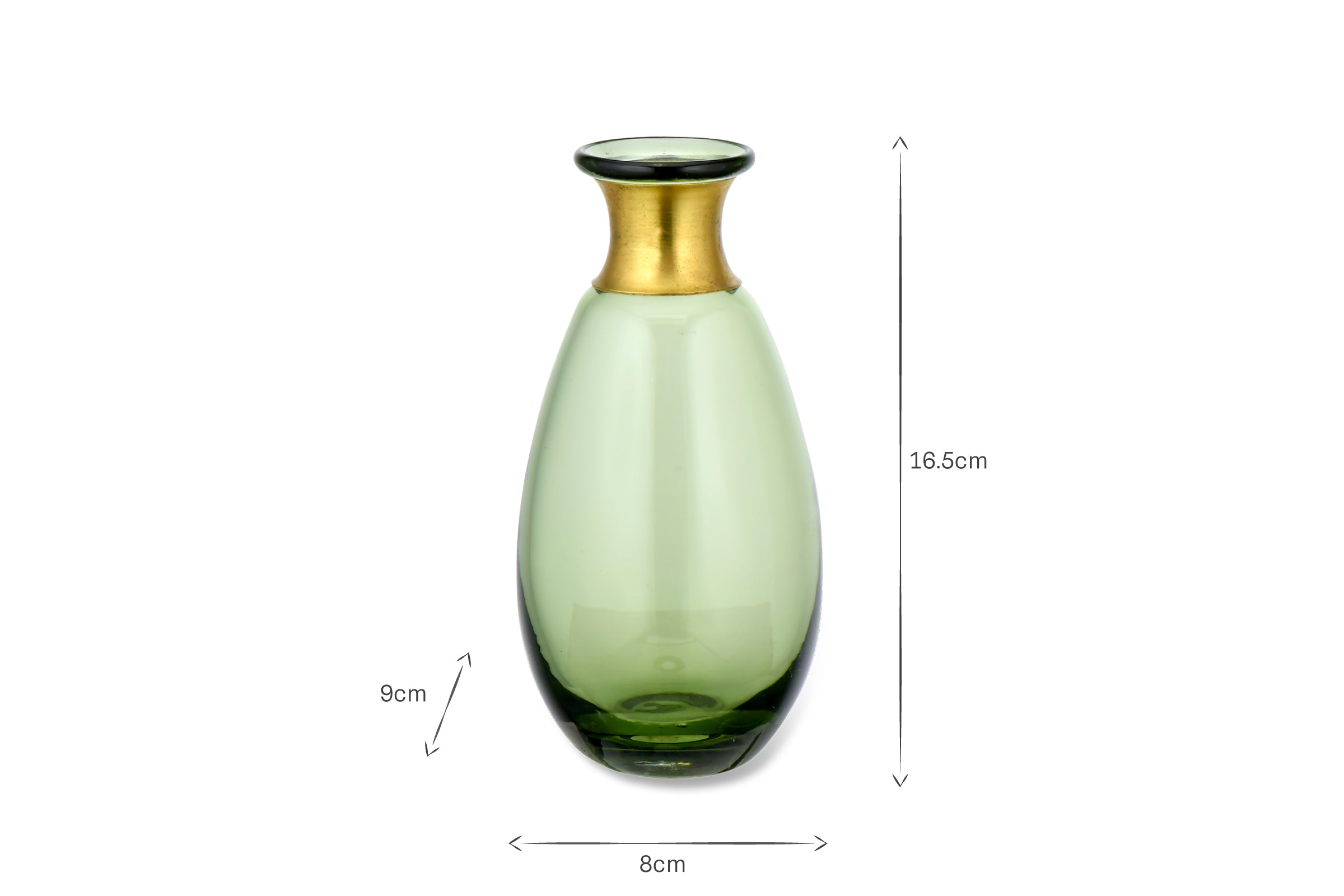 The nkuku Miza Mini Glass Vase - Green features a gold neck and decorative brass ring. Displayed on a white background, it measures 16.5cm tall, 8cm wide, and 9cm from base to shoulder, with measurement lines and labels for reference.