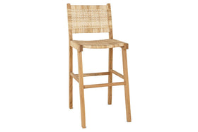 The Madrisana Acacia & Rattan Bar Stool by nkuku features a natural-finish acacia wood frame, woven rattan seat and backrest, straight legs, square frame, footrest, and a rustic, eco-friendly design made from sustainable materials.