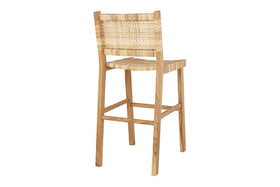 The Madrisana Acacia & Rattan Bar Stool by nkuku features a woven rattan backrest and seat, four straight legs in a natural wood finish, and a tight light-colored weave—combining sustainability and comfort with elegant design.