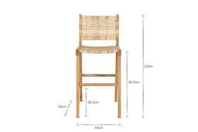 Front view of nkuku’s Madrisana Acacia & Rattan Bar Stool with straight legs. Dimensions shown: total height 105 cm, seat height 68.5 cm, leg height 56 cm, seat depth 28.5 cm, and seat width 46 cm; arrows indicate each measurement.